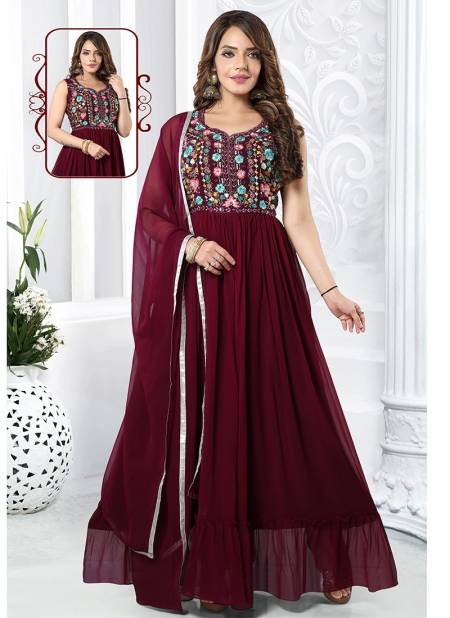 N F GOWN 21 Festive Wear Rayon Printed Long Gown With Dupatta collection N F G 716 WINE